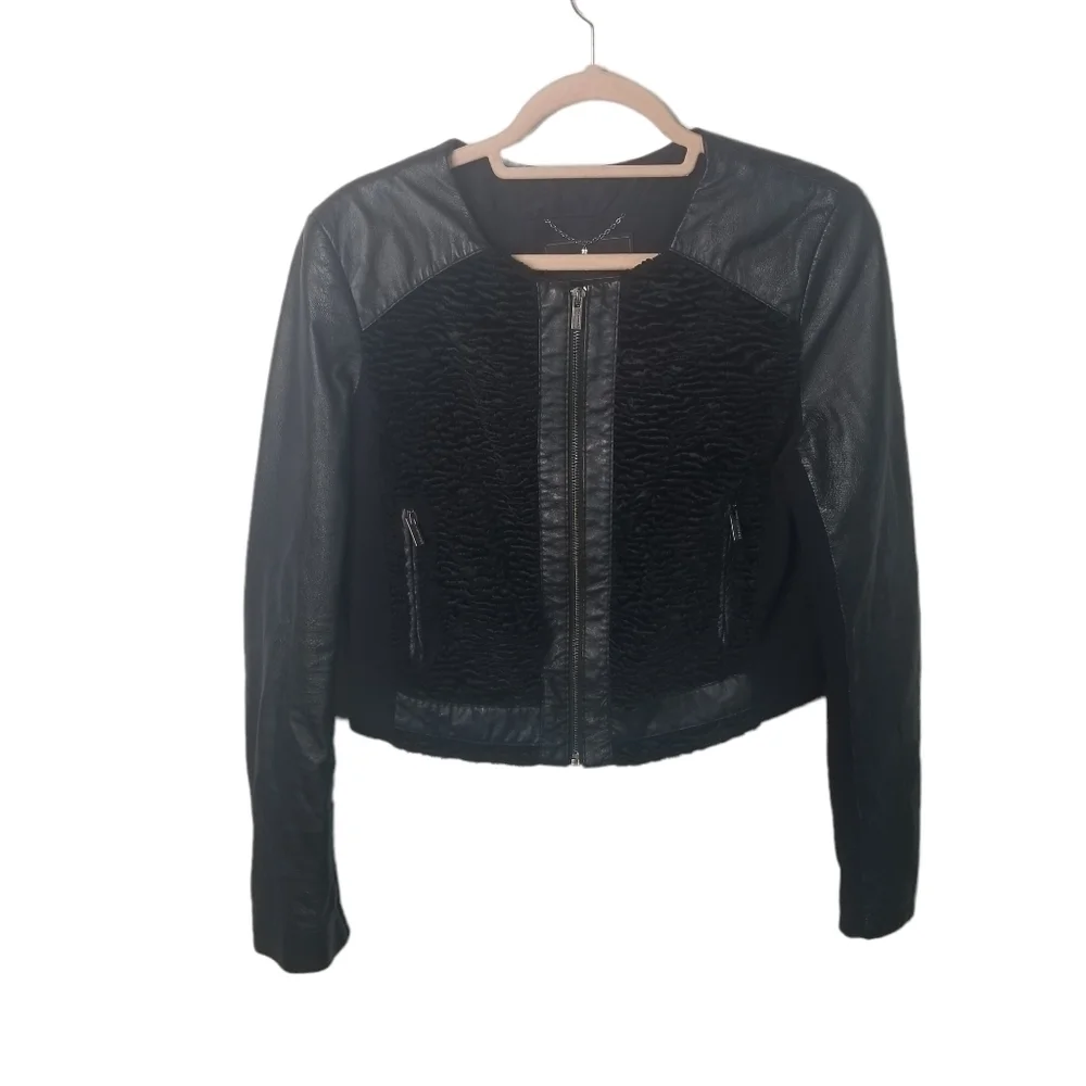 BCBG Bernice black leather mixed jacket